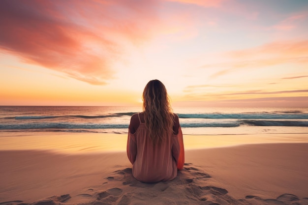 Een vrouw die op een pastelkleurig strand zit bij zonsondergang