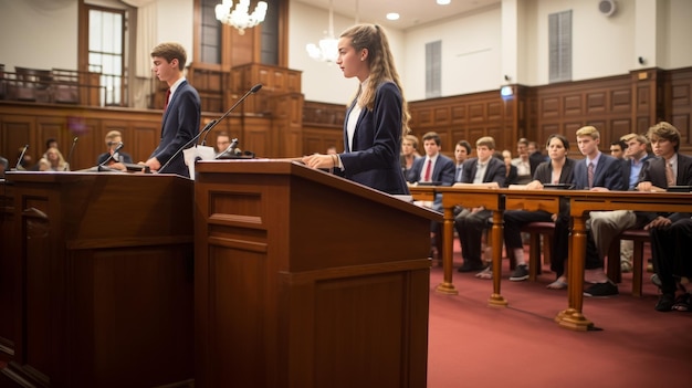 Een vrouw die op een podium staat en een groep mensen met vertrouwen en gezag toespreekt