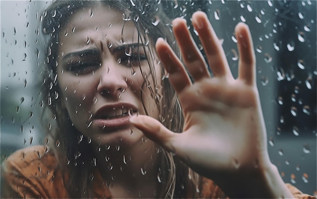 Een vrouw die op een regenachtige dag met haar hand tegen een raam huilt