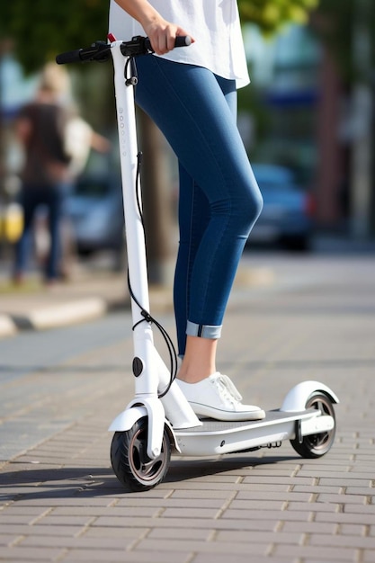 een vrouw die op een scooter rijdt op een stadsstraat