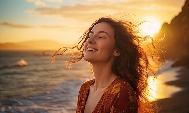 Een vrouw die op een strand staat met haar armen uitgestrekt