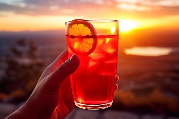 Foto een vrouw die op een zonnige dag van een glas cranberry sap geniet