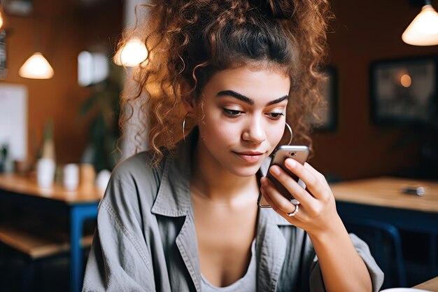 Een vrouw die op haar mobiele telefoon praat in een restaurant Generative Ai