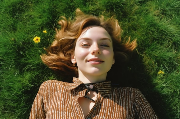 Een vrouw die op het gras ligt met een gele bloem in haar haar