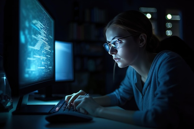 een vrouw die 's avonds laat cyberbeveiliging achter een computer bestudeert