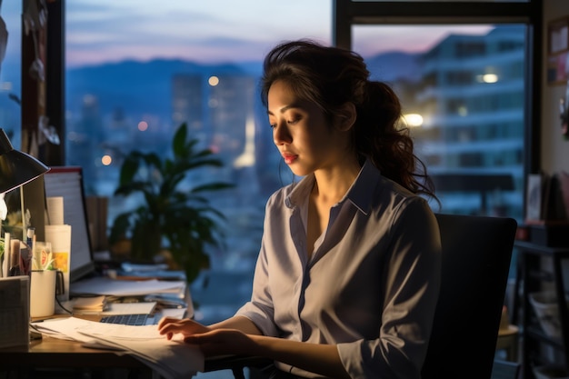 een vrouw die 's nachts aan een bureau voor een raam zit