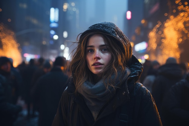 een vrouw die's nachts in het midden van een stad staat