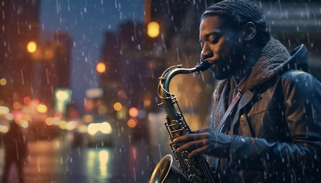 Een vrouw die saxofoon speelt in de regen