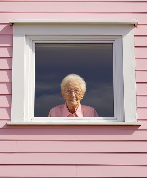 een vrouw die uit een raam kijkt met een roze shirt aan