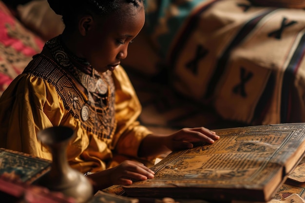 Een vrouw die verdiept is in het lezen van historische literatuur omringd door symbolen van de Afrikaanse cultuur