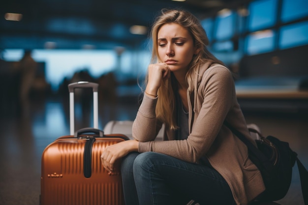 Een vrouw die verdrietig is omdat ze haar vlucht gemist heeft op de luchthaven.