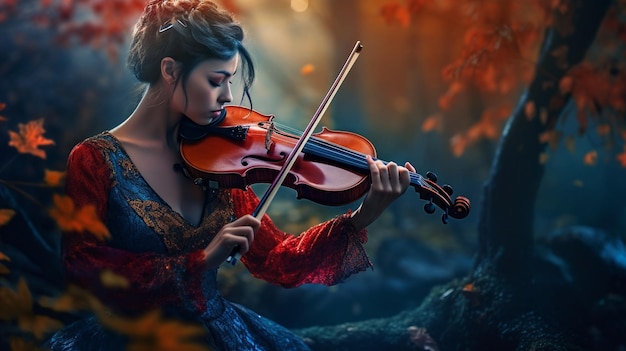 Een vrouw die viool speelt in een bos