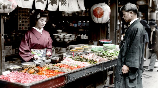 Foto een vrouw die voedsel verkoopt op een markt in kyoto, japan rond 1910