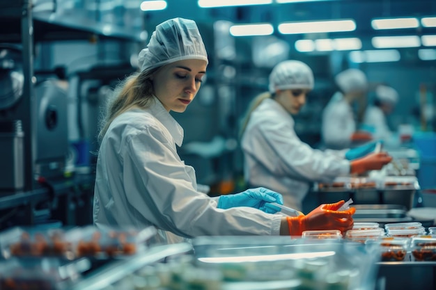 Een vrouw die voedsel verpakt Voedselvoorzieningscentrum Voedsellevering Verpakkingsfabriek