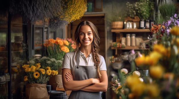 Een vrouw die voor een bloemenwinkel staat