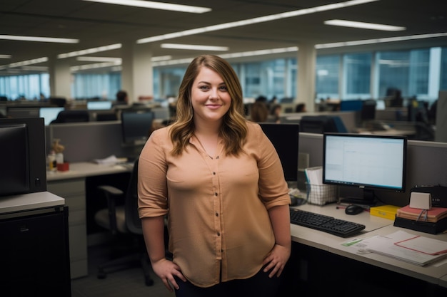 een vrouw die voor een bureau in een kantoor staat