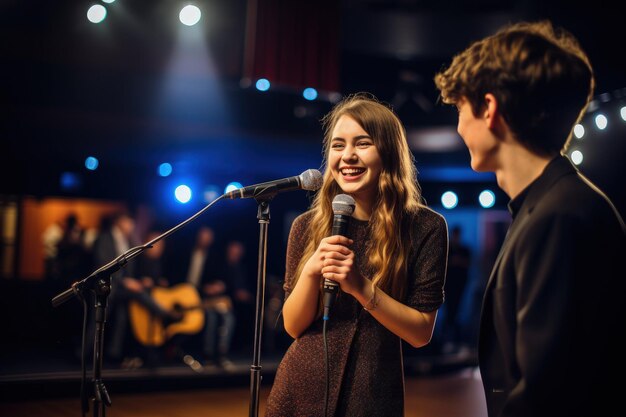 Een vrouw die voor een microfoon staat naast een man.