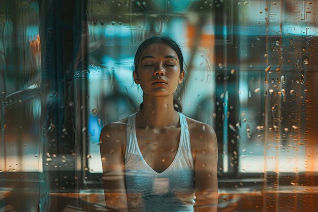 Een vrouw die voor een raam staat bedekt met regen