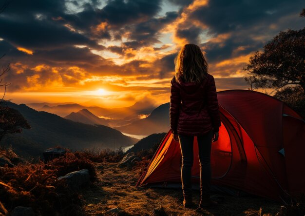 Een vrouw die voor een tent staat bij zonsondergang