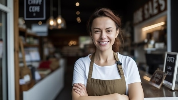 Een vrouw die voor een winkel staat met een bord met de tekst 'eten'