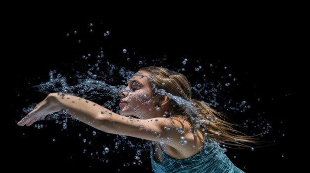 een vrouw die water opspattend met haar haar in een plons.