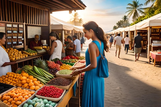 Een vrouw die winkelt op een fruit- en groentemarkt.