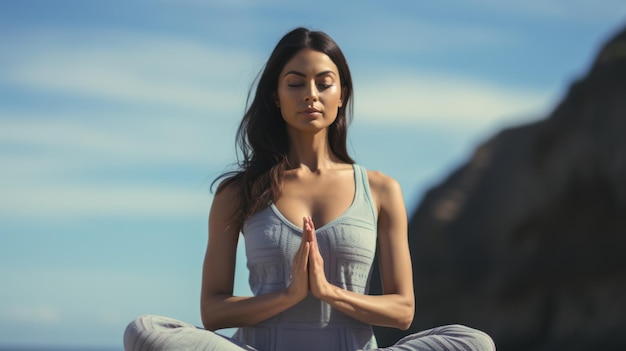 Een vrouw die yoga beoefent op het strand