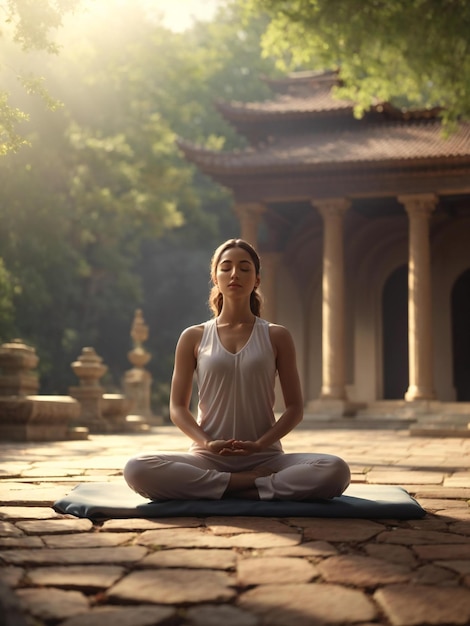 een vrouw die yoga beoefent voor een tempel