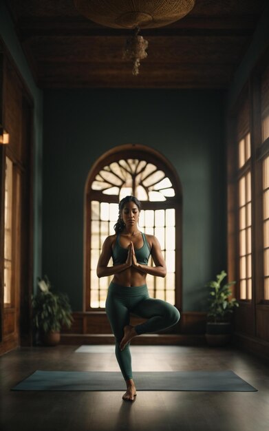 Een vrouw die yoga doet in een kamer met een raam en een raam achter haar.