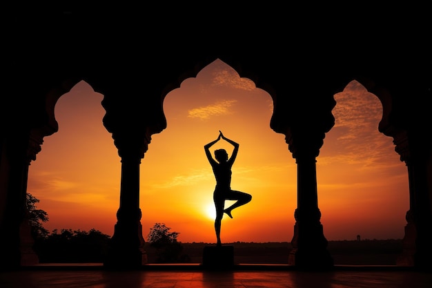 Een vrouw die yoga doet voor een zonsondergang.