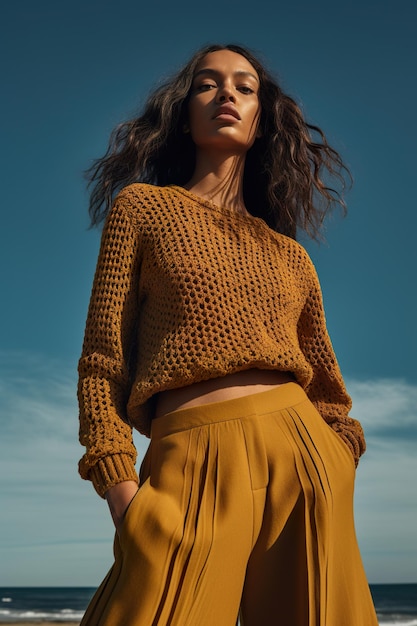 Een vrouw die zich op een strand bevindt en een mosterdkleurige trui draagt, generatief ai-beeld