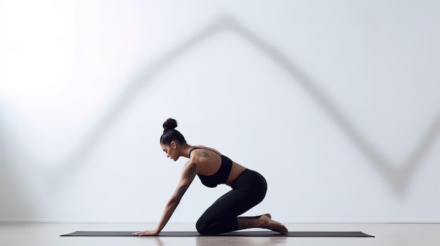 Een vrouw doet een yogahouding met haar handen op haar heupen.