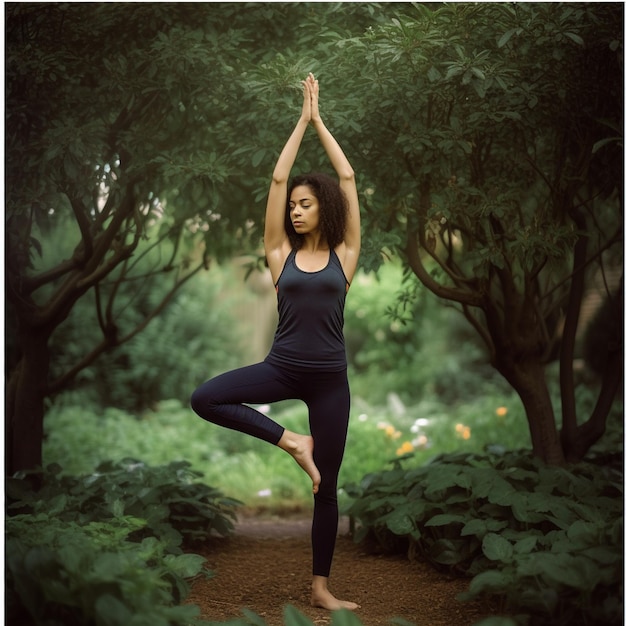 Een vrouw doet yoga in een park met bomen op de achtergrond.