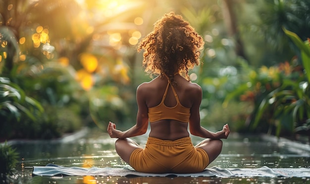 Een vrouw doet yoga in het water.