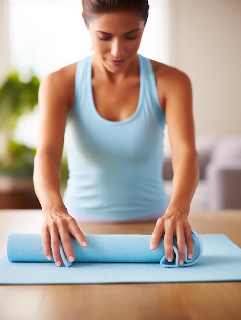 een vrouw doet yoga oefeningen met haar handen op haar heupen