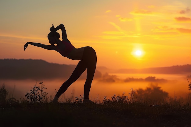 Een vrouw doet yoga poses voor een prachtige zonsondergang die kracht en flexibiliteit toont een vrouw doet een staande buiging die yoga poses trekt bij zonsopgang AI gegenereerd