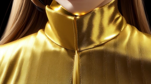 Een vrouw draagt een gouden jas met een gouden ritssluiting.