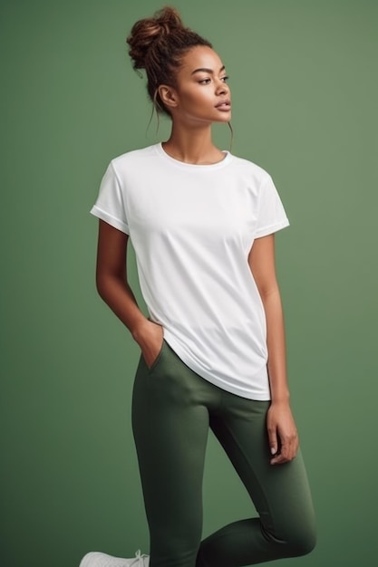 Een vrouw draagt een wit t-shirt met een groene legging en een wit t-shirt.
