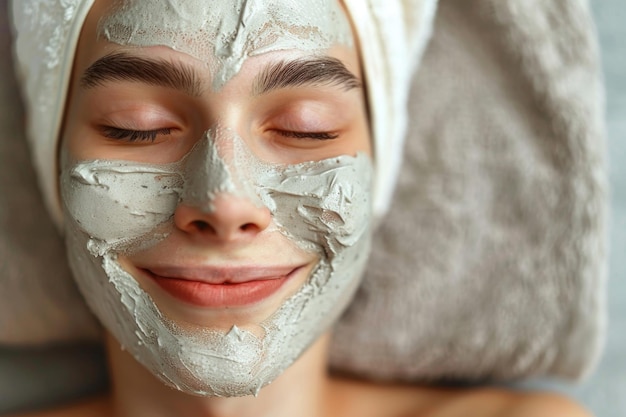 Foto een vrouw draagt vreedzaam een wit masker op haar gezicht en straalt een gevoel van rust en ontspanning uit in haar huidverzorgingsroutine