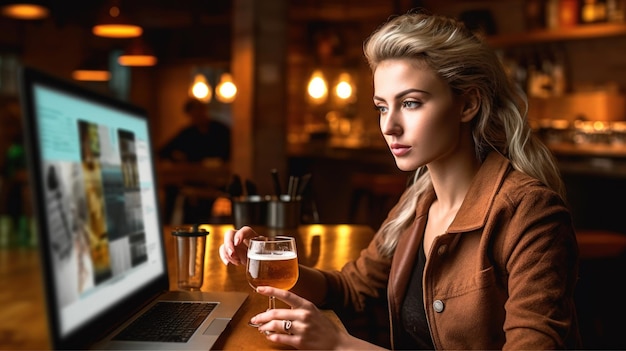 Een vrouw drinkt een glas bier voor een laptop.