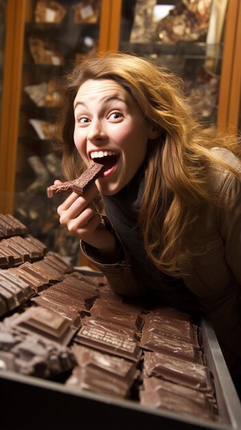 Foto een vrouw eet een chocoladereep met veel chocolade erop.