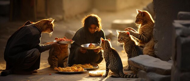 Foto een vrouw eet voedsel met katten en een bord voedsel