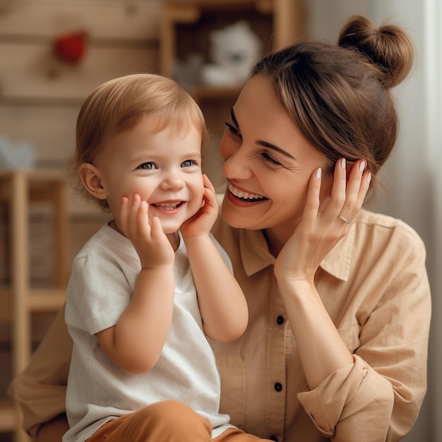 een vrouw en een baby glimlachen en de baby glimlacht