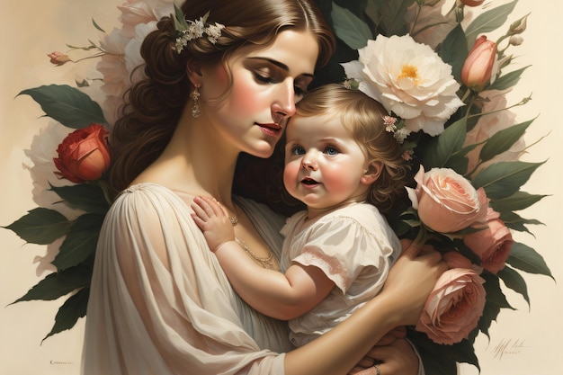 Een vrouw en een baby met bloemen