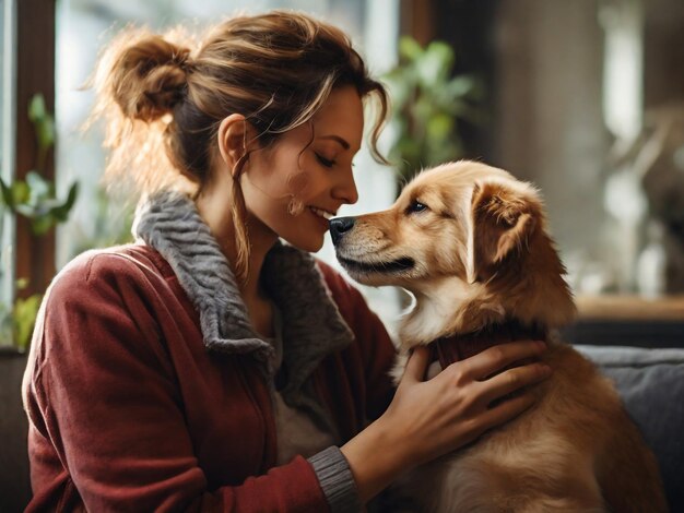 een vrouw en een hond kussen elkaar en een van hen draagt een trui