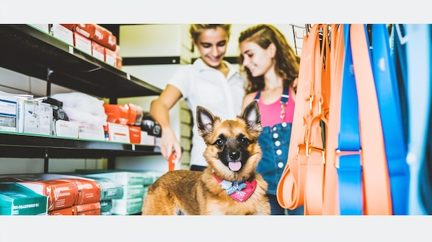 Een vrouw en een hond staan in een winkel met een hond voor zich.