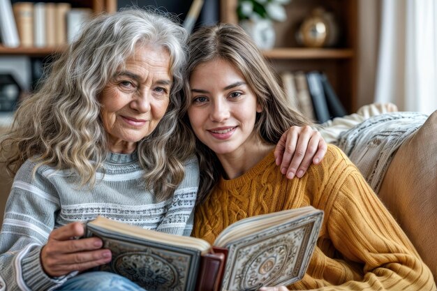 Een vrouw en een jong meisje zitten op een bank met de vrouw die een boek vasthoudt