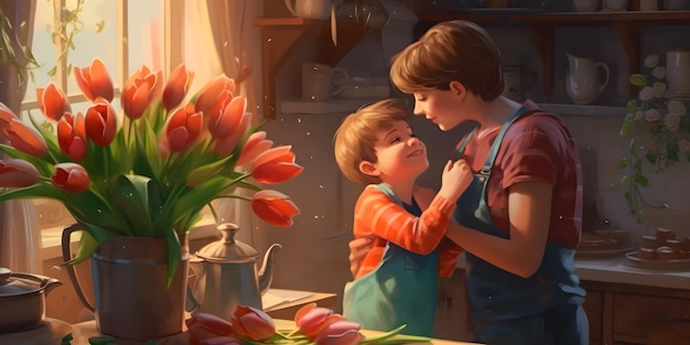 Een vrouw en een jongen in een schort staan voor een boeket tulpen.