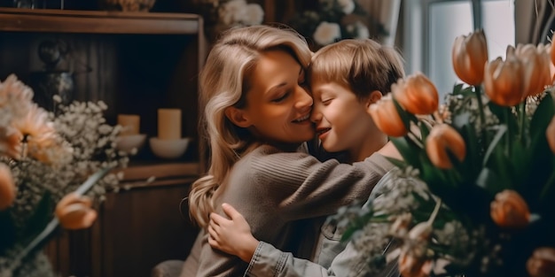 Een vrouw en een jongen knuffelen in een kamer met bloemen op de plank