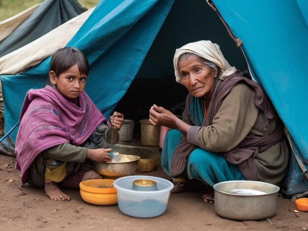 Een vrouw en een jongen zijn buiten een tent met eten.